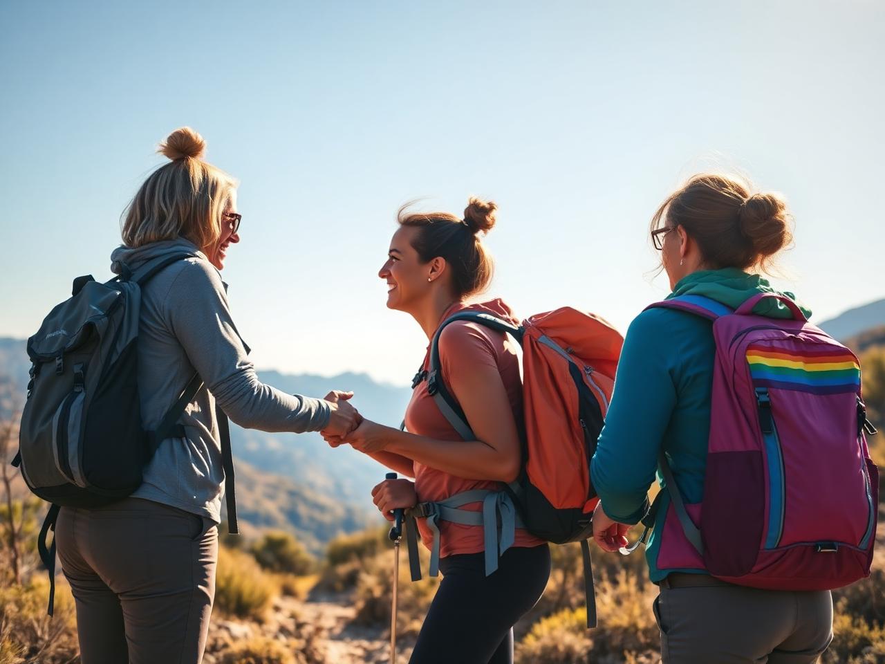 Mujeres de dos asociaciones saludándose en una ruta de montaña mediterránea