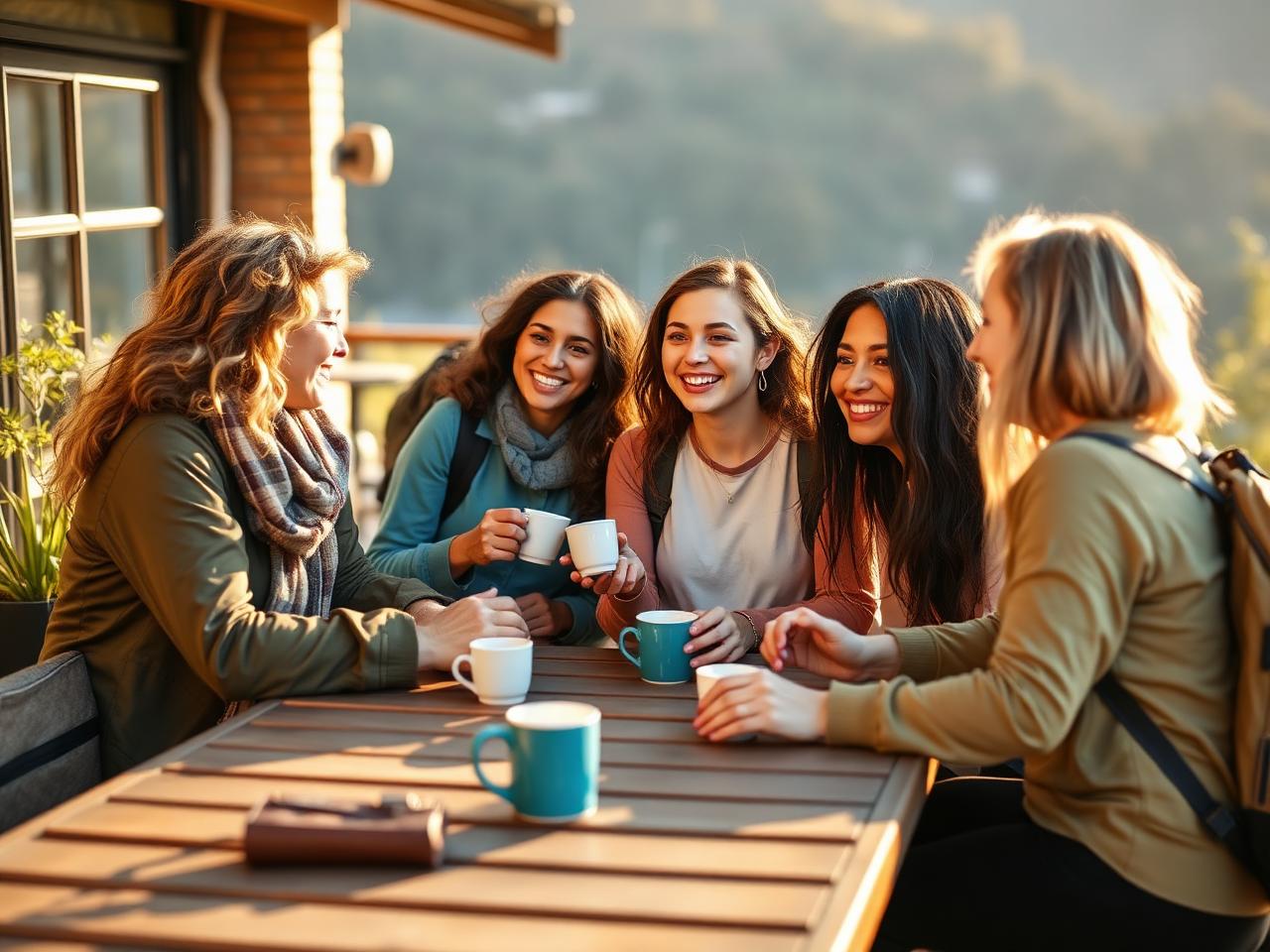 Mujeres dando la bienvenida a una recién llegada en una terraza al aire libre